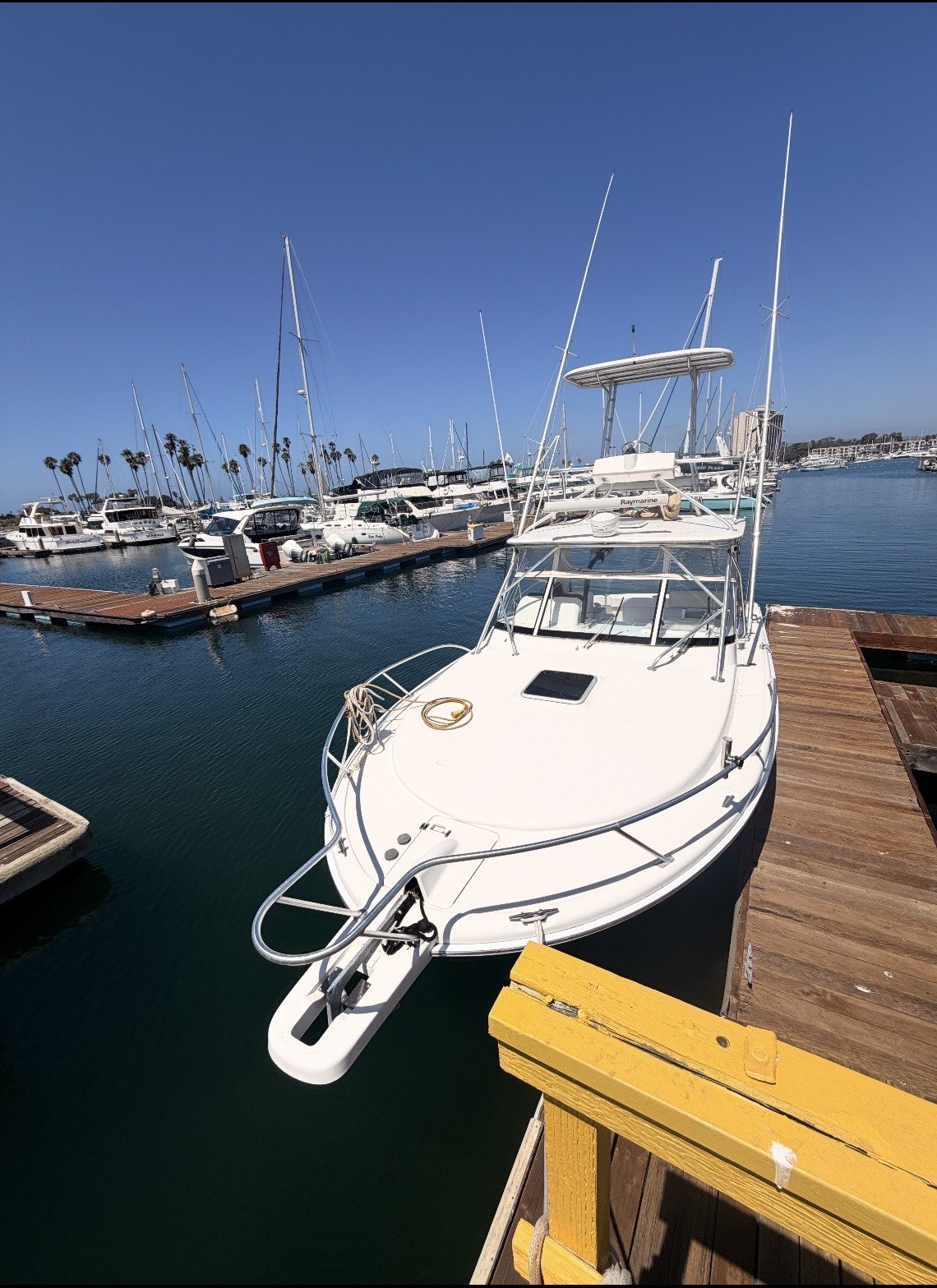 Bow and tower of the Luhrs at the marina