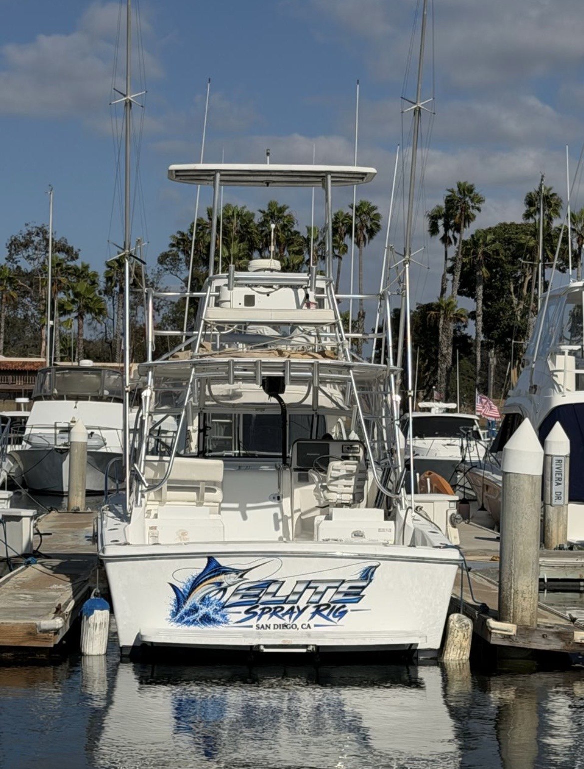 Elite Spray Rig stern with marlin branding and fishing cockpit