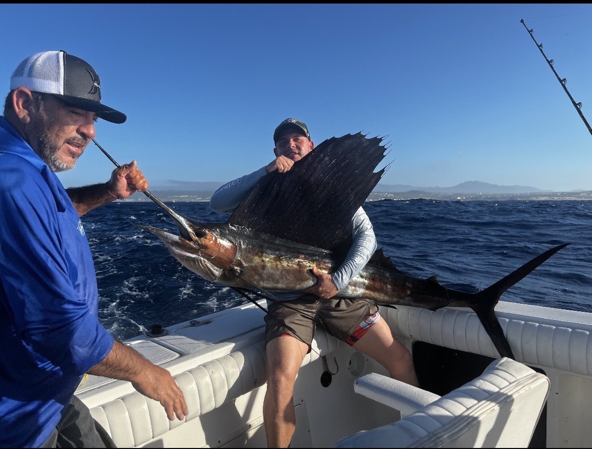 Sailfish held alongside a fishing boat